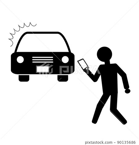 An illustration of a person who is walking on a smartphone and jumps out in front of a running car. 90135686