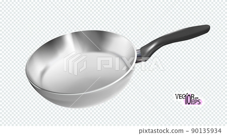 Realistic empty metal frying pan with plastic black handle isolated. Vector illustration Eps10. Realistic empty metal frying pan with plastic black handle isolated. Vector illustration Eps10. 90135934