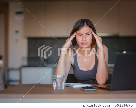 young asian woman at home, remote work young asian woman at home, remote work 90136670