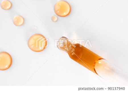 Pipette with fluid serum, oil, face gel cleaner. Cosmetics and healthcare concept closeup. Dose of retinol with air bubbles. Flat lay. Monkeypox, coronavirus research Pipette with fluid serum, oil, face gel cleaner. Cosmetics and healthcare concept closeup. Dose of retinol with air bubbles. Flat lay. Monkeypox, coronavirus research 90137940