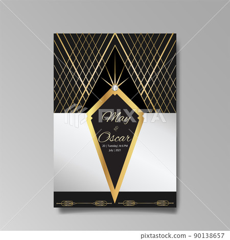Art Deco template golden-black white, A4 page, menu, card, invitation, Sun and city lights in a Art Deco 90138657