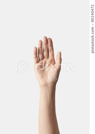 Reaching up or begging female hand on white. 90140472