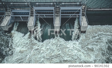 Graphite themed view of dam in spring 90141302