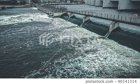 Aerial view of fox river in spring at dam Aerial view of fox river in spring at dam 90141314