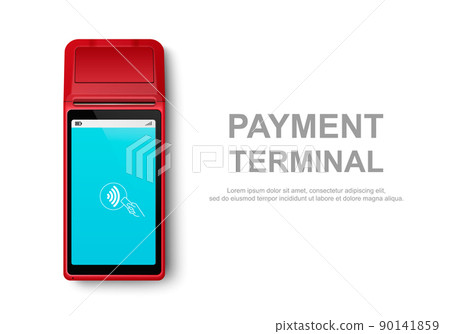 Vector Realistic Red 3d Touch NFC Mobile Payment Machine. POS Terminal Closeup Isolated on White. Design Template of Bank Payment Wireless Contactless Terminal, Mockup. Payments device. Top View Vector Realistic Red 3d Touch NFC Mobile Payment Machine. POS Terminal Closeup Isolated on White. Design Template of Bank Payment Wireless Contactless Terminal, Mockup. Payments device. Top View 90141859