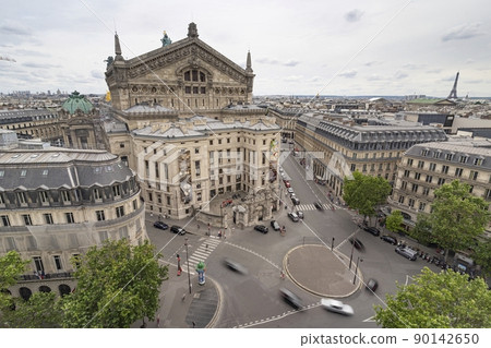 View of the gray roof, attic of Paris and Grand Opera from the roof of the shopping center Gallery Lafoyet in Paris, France View of the gray roof, attic of Paris and Grand Opera from the roof of the shopping center Gallery Lafoyet in Paris, France 90142650