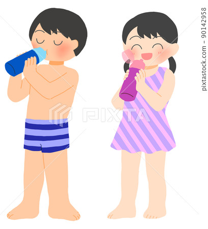 Children in swimsuits hydrating 90142958
