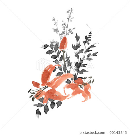 Ink painted compositions with plants, leaves and lily. Ink painted compositions with plants, leaves and lily. 90143843