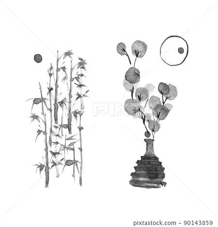 Ink painted compositions with plants, branches and spots. Ink painted compositions with plants, branches and spots. 90143859