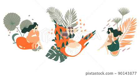 Concept illustration with woman, exotic fruits and jungle leaves. 90143877