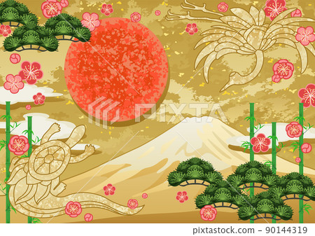 日出時的鶴龜、松竹梅和富士 日出時的鶴龜、松竹梅和富士 90144319