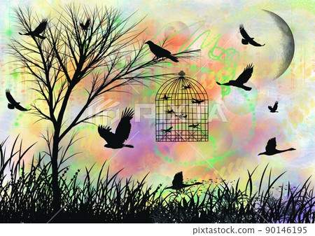 Scenery bird airplane bird cage moon tree 90146195