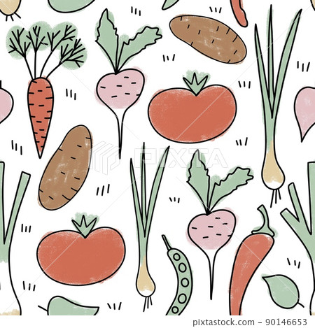 Hand drawn seamless pattern with vegetables veggies vegan vegetarian design. Tomato potato carrot cabbage leek onion bell papper fabric print. Retro vintage kitchen textile background, healthy food Hand drawn seamless pattern with vegetables veggies vegan vegetarian design. Tomato potato carrot cabbage leek onion bell papper fabric print. Retro vintage kitchen textile background, healthy food 90146653