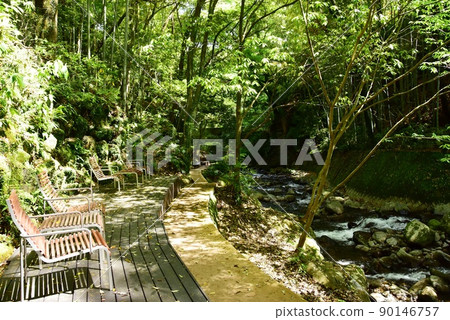 湯河原町萬葉公園湯河原總湯川路，露台座位和新鮮的綠色植物 90146757