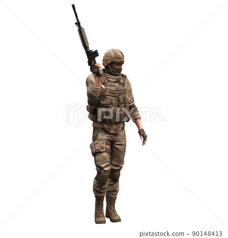 Soldier with a machine gun isolated white background 3d illustration 90148413