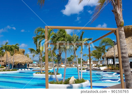 Pool near shops at cruise port Taino Bay in Puerto Plata, Dominican Republic. 90150765