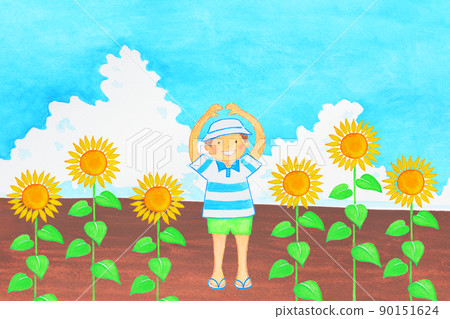 一個男孩在向日葵田裡用手繞圈,背景是積雨雲 一個男孩在向日葵田裡用手繞圈,背景是積雨雲 90151624