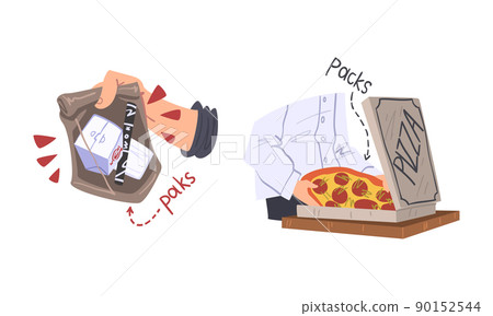 Cookers packing pizza and noodles in paper boxes set cartoon vector illustration 90152544