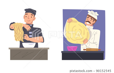 Chefs cooking noodles and pizza cartoon vector illustration 90152545