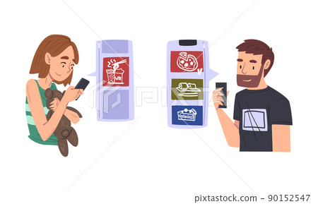 People ordering pizza over phone and buying food online cartoon vector illustration 90152547