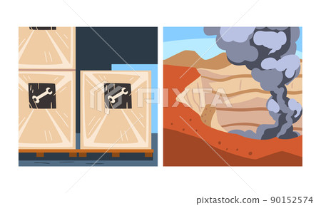 Mining quarry and boxes with metal products. Metallurgical industry, steel and alloys production 90152574