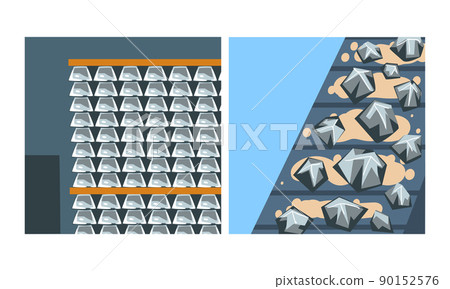 Iron ore mining quarry and metal products. Metallurgical industry, steel and alloys production vector illustration Iron ore mining quarry and metal products. Metallurgical industry, steel and alloys production vector illustration 90152576