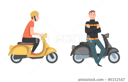 People riding motorbikes set. Young men using two wheeled transport cartoon vector illustration 90152587