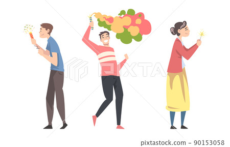 Happy people celebrating holiday with sparklers and firecrackers their hands cartoon vector illustration 90153058