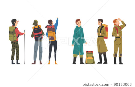Tourists with backpacks hiking on nature cartoon vector illustration 90153063