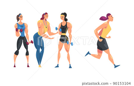 Sportive girls exercising with dumbbells and running cartoon vector illustration 90153104