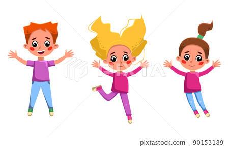Funny kids jumping. Happy girls and boy having fun together cartoon vector illustration Funny kids jumping. Happy girls and boy having fun together cartoon vector illustration 90153189