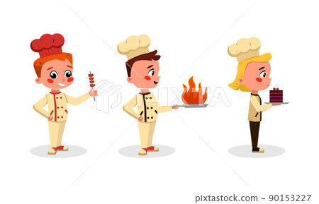 Cute children in uniform with kitchen tools set. Boy and girl chefs characters cooking tasty dishes cartoon vector illustration Cute children in uniform with kitchen tools set. Boy and girl chefs characters cooking tasty dishes cartoon vector illustration 90153227