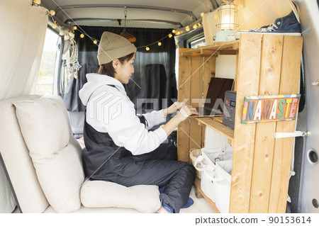 Worcation telework image of a young woman who works in the car while traveling Worcation telework image of a young woman who works in the car while traveling 90153614