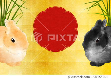 2023年日式新年賀卡,兩隻兔子坐在草和金葉樹蔭下的背景 2023年日式新年賀卡,兩隻兔子坐在草和金葉樹蔭下的背景 90154020