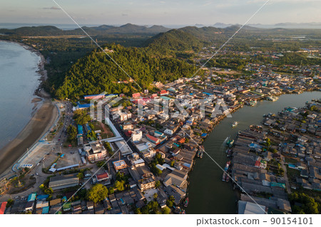 Aerial view of Fisherman village at Pak Nam Sichon, Chumphon 90154101