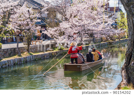 (Okayama Prefecture) Kurashiki Boat Ride Boarding Tourists on a river boat Spring 90154202