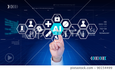 手指觸控屏幕使用AI人工智能現代醫療保健技術，現代醫療技術創新概念創意圖 90154499