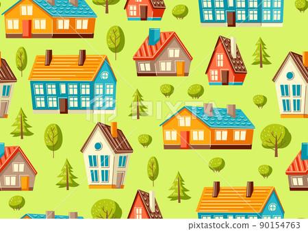 Seamless pattern with cute houses and trees.. Country colorful cottages background. 90154763