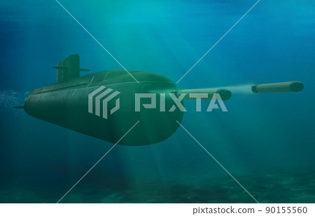 3D rendering submarine submerge underwater firing torpedoes in the open sea 90155560