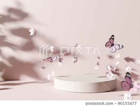 Podium with flying flowers and butterflies. Elegant podium for product, cosmetic presentation. Mock up. Summer or spring mood, blossom. Pedestal, platform for beauty products. 3D rendering. 90155877
