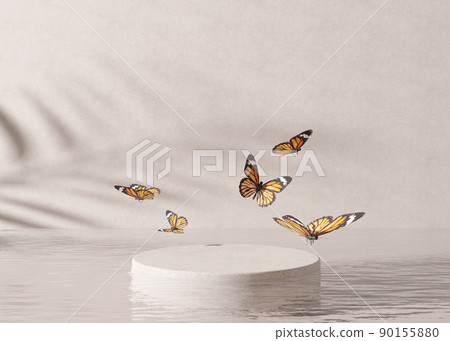 Podium standing in water with flying butterflies, on cream background. Beautiful mock up for product, cosmetic presentation. Pedestal or platform for beauty products. Empty scene, stage. 3D rendering. 90155880