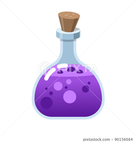 Magic glass bottle. Alchemy elixir in glass flask. Cork and purple potion, cartoon vector. Witchcraft purple potion of witch or poison 90156084