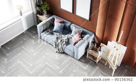 Living room interior in loft, scandinavian style, 3d render Living room interior in loft, scandinavian style, 3d render 90156362