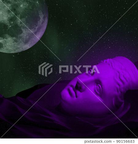 Collage with plaster head statue isolated on dark space background. Modern design. Surrealism. Modern unusual art. Neon light Collage with plaster head statue isolated on dark space background. Modern design. Surrealism. Modern unusual art. Neon light 90156683