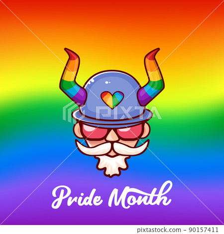 Funky old gay with beard, summer sunglasses, and funny hat with LGBT rainbow horns isolated on gradient with pride colors flag. Gay pride icon, symbol or homosexual graphic label for printing on tee 90157411