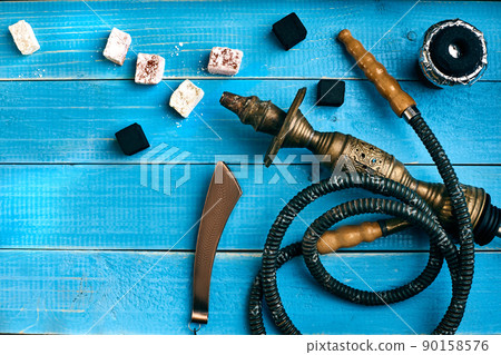 Tobacco background. Turkish smoking hookah with tobacco flavor of rahat lokum 90158576