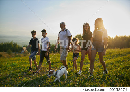 Bearded father with children and dog, spending time together in countryside. Front view of happy man and kids in casual wear walking along green field, against sunset in summer. Concept of parenthood. 90158974
