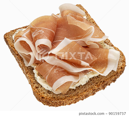 Toast with prosciutto isolated on white Toast with prosciutto isolated on white 90159737