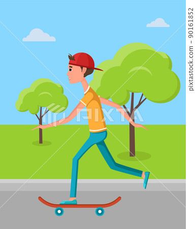 Skateboarder Training in Green Skatepark with Tree Skateboarder Training in Green Skatepark with Tree 90161852