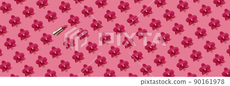 Creative seamless pattern of vivid pink orchid flowers and golden lipstick on bright pink background. Trendy and fashion makeup concept. Natural cosmetics backdrop. Web banner. Creative seamless pattern of vivid pink orchid flowers and golden lipstick on bright pink background. Trendy and fashion makeup concept. Natural cosmetics backdrop. Web banner. 90161978